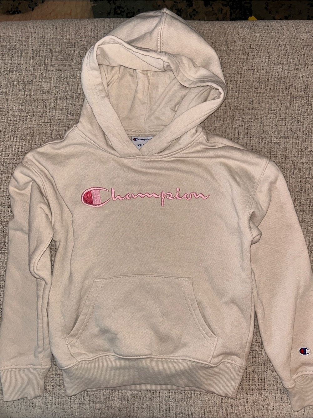 Champion Cream Pullover Hoodie with Pink Script Logo